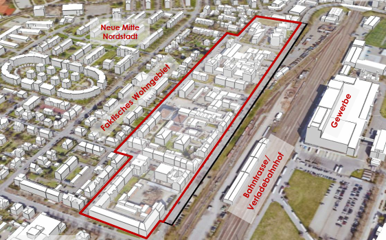 Darstellung der näheren Umgebung des Plangebiets (rot umgrenzt) Quelle: Stadt Lörrach, Fachbereich Liegenschaften und Geoinformation, Lörrach3D, https://loerrach.virtualcitymap.de/, eigene Darstellung